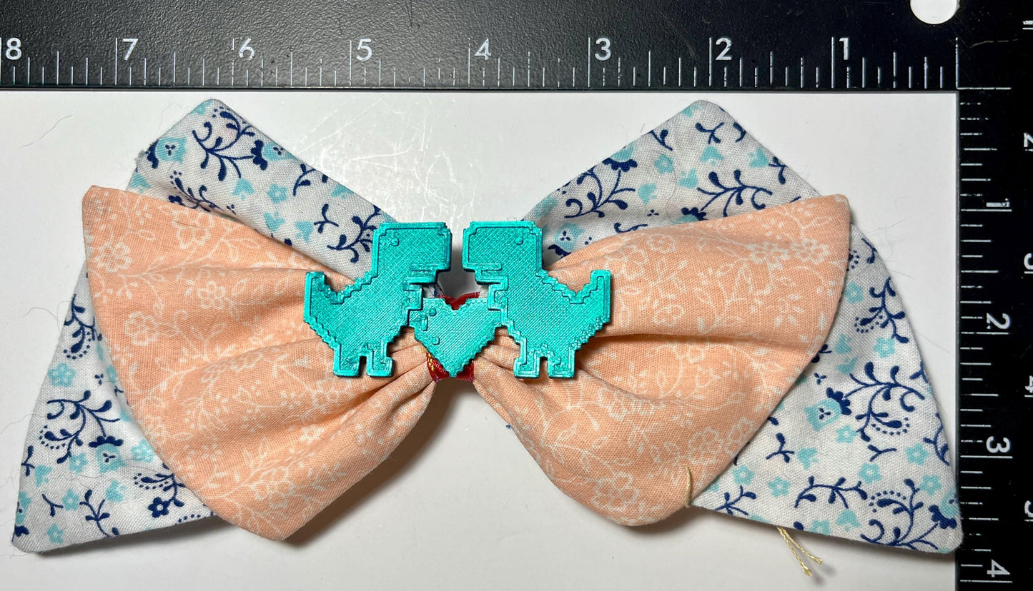 Pixel Dino Heart Hair Bow - Blue Floral & Peach Design