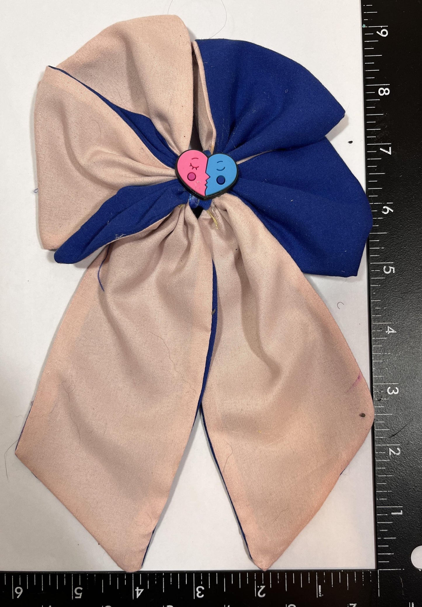 Dual Heart Hair Bow - Navy and Blush Handmade Clip