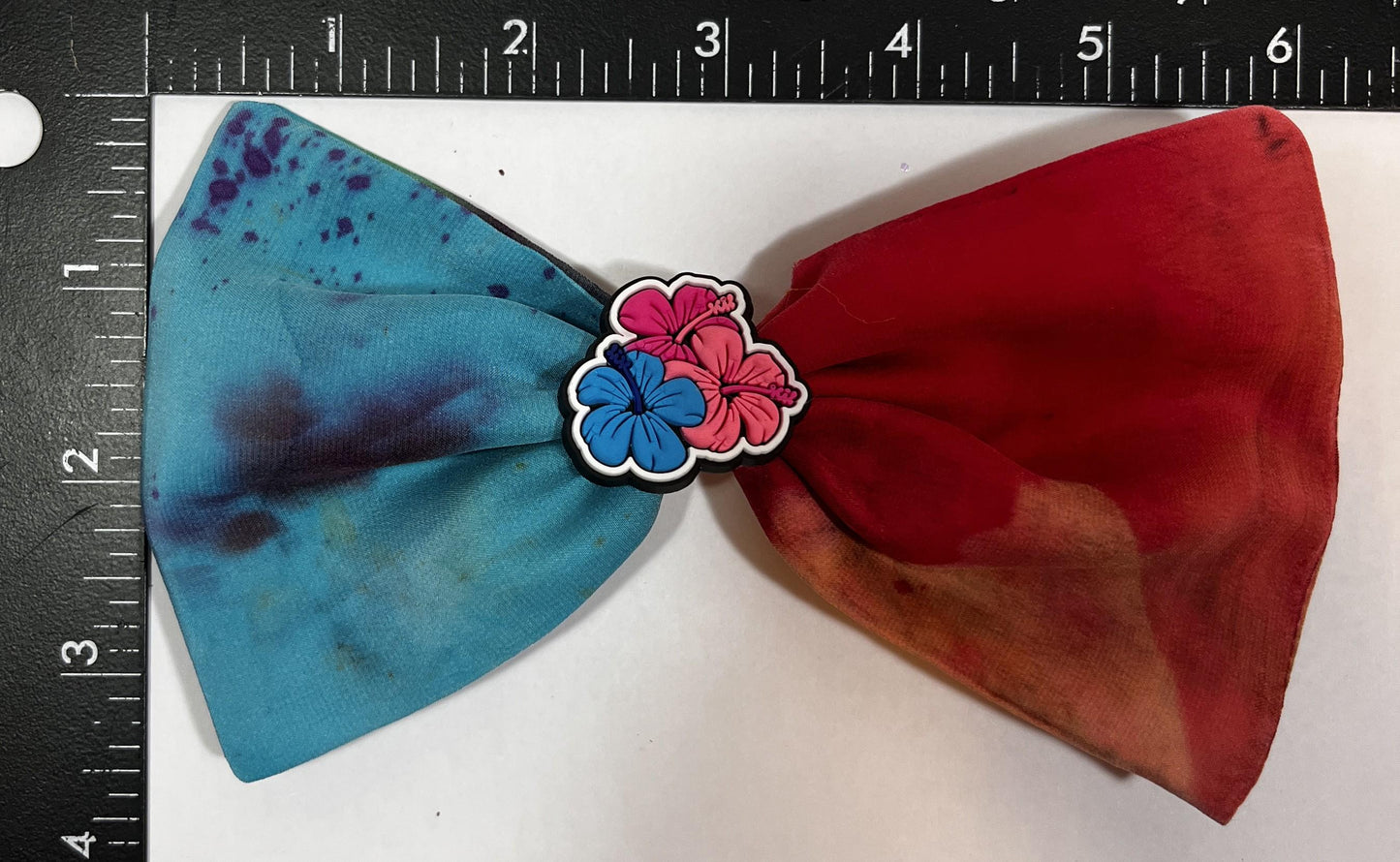 Tropical Tie-Dye Hair Bow - Red & Teal with Hibiscus Charm