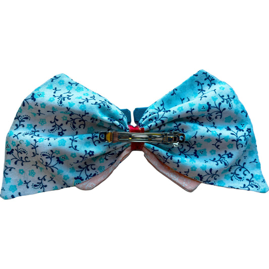 Pixel Dino Heart Hair Bow - Blue Floral & Peach Design