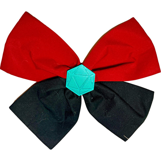 Handmade DnD Fabric Hair Bow with 3D D20 Dice Charm – Tabletop RPG Gift, Gamer Hair Accessory