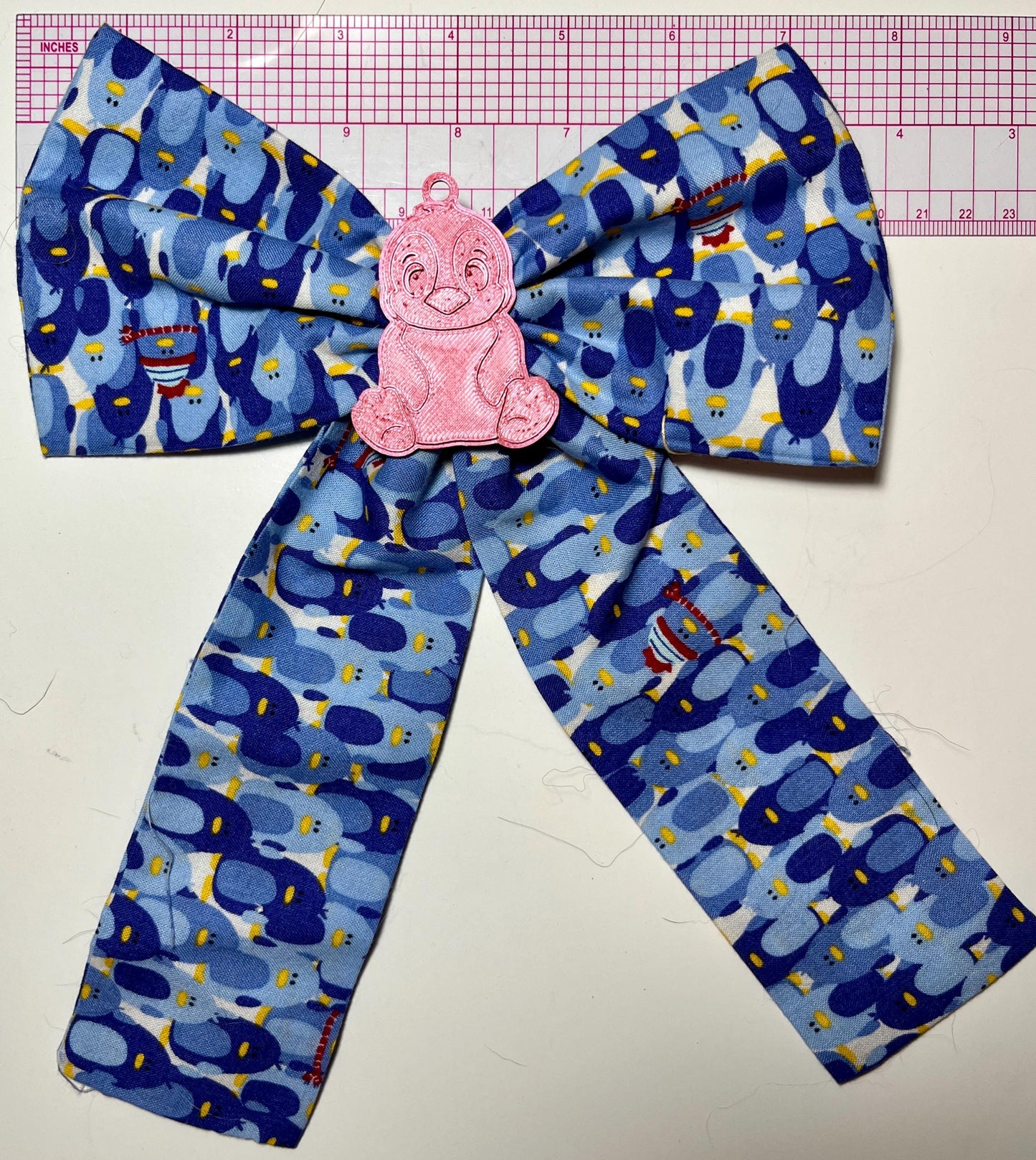 Handmade Penguin Hair Bow – Blue Fabric Hair Bow with 3D Printed Penguin Charm – Cute Animal Hair Clip for Girls and Women