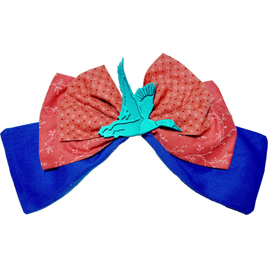 Handmade Fabric Hair Bow with 3D Printed Goose Charm – Red, Blue, and Teal Nature-Inspired Bow, Unique Gift for Animal & Bird Lovers