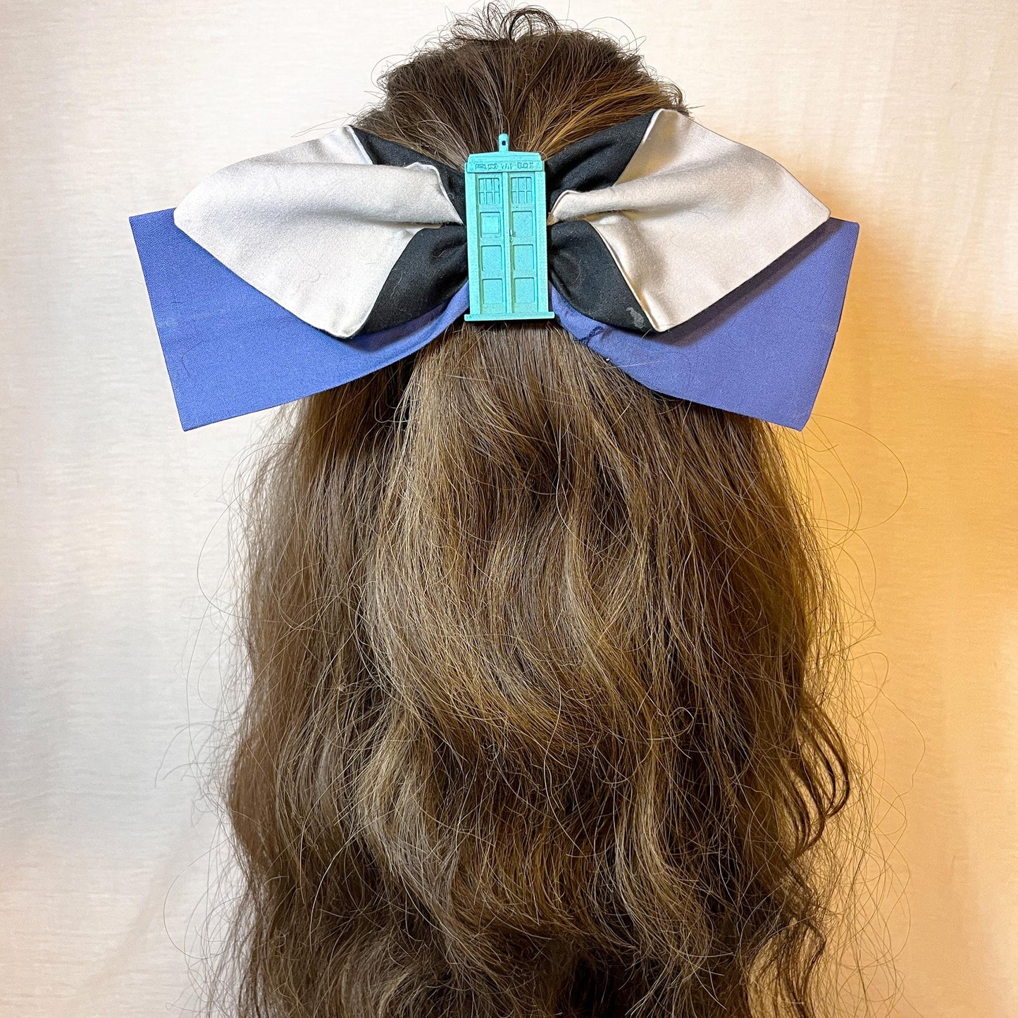 Doctor Who Inspired Hair Bow – Handmade Blue, Black & Silver Fabric Bow with TARDIS Charm – Geeky Cosplay Hair Accessory