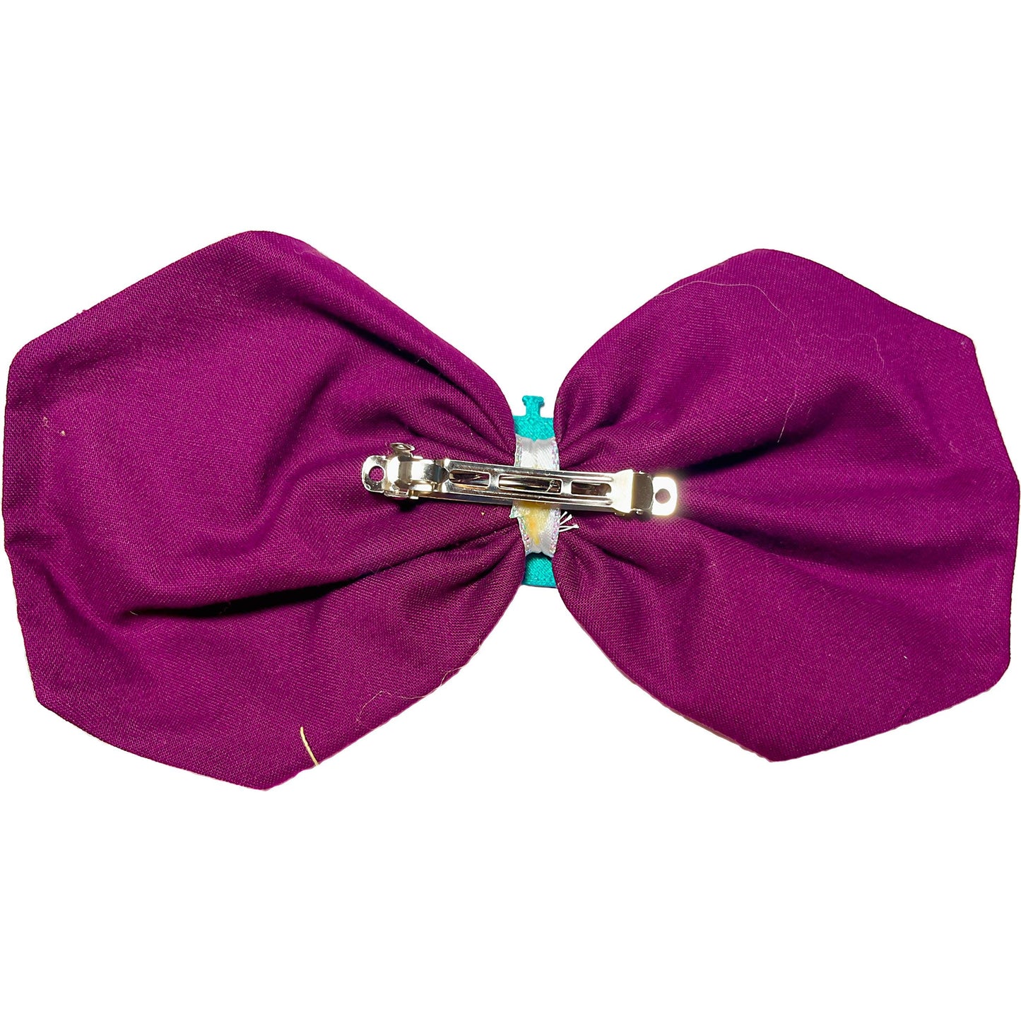 Handmade Fabric Hair Bow with 3D-Printed Sewing Machine Charm – Purple & White Clip for Crafters, Sewists, and Hair Accessory Lovers