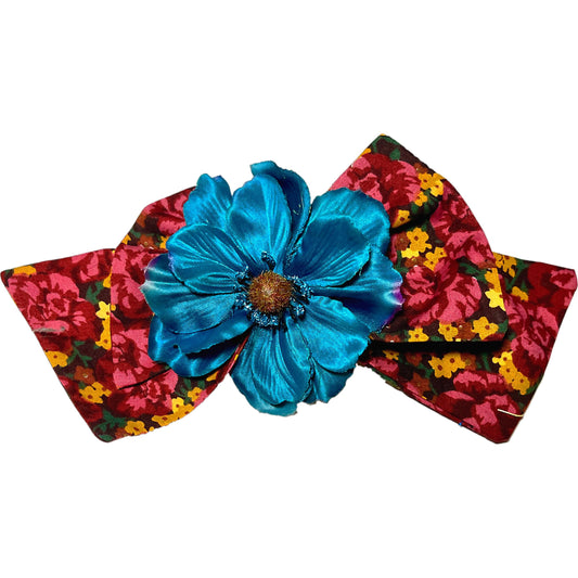 Handmade Floral Hair Bow with Large Blue Flower – Vintage, Cottagecore, Boho Hair Accessory