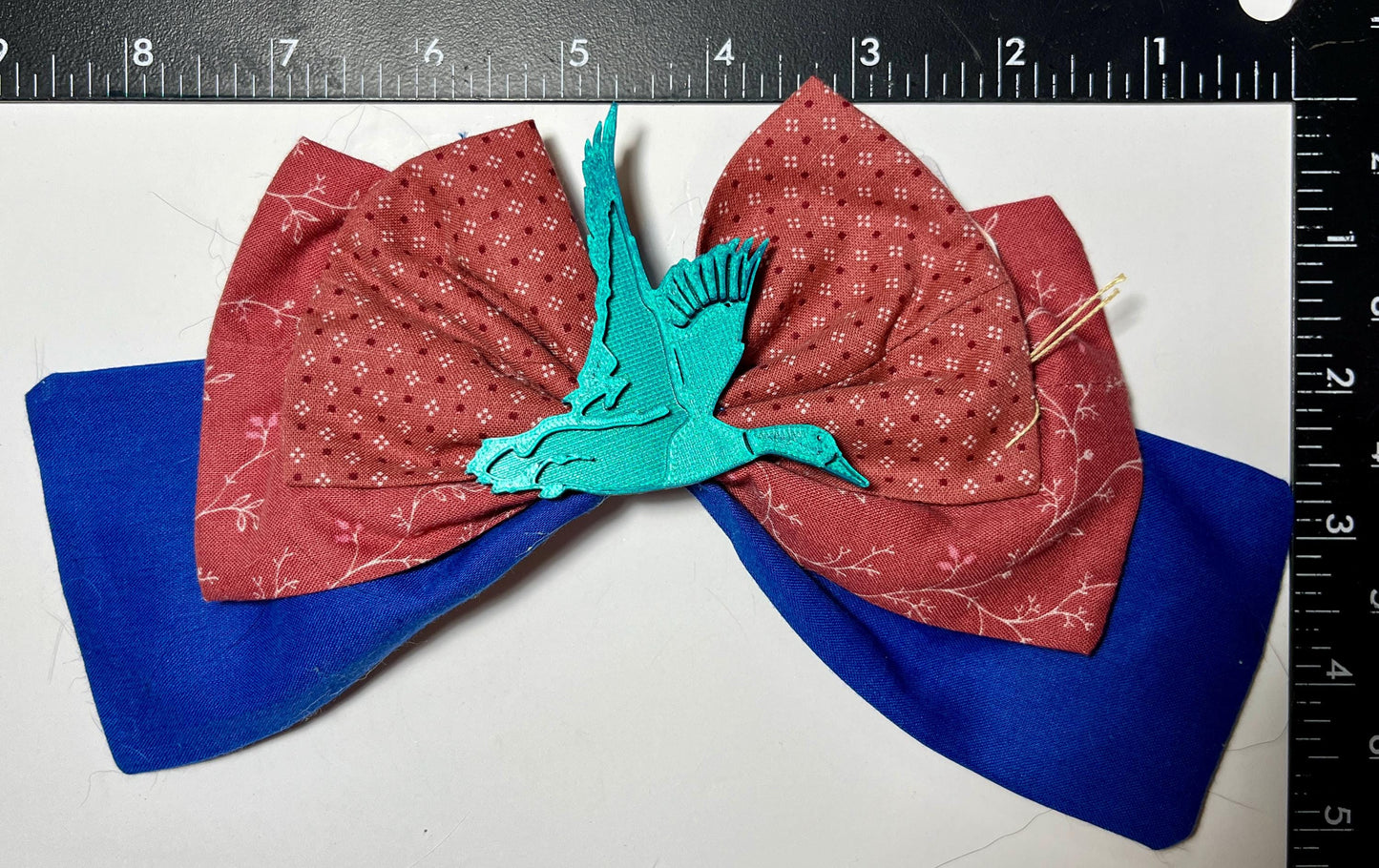 Handmade Fabric Hair Bow with 3D Printed Goose Charm – Red, Blue, and Teal Nature-Inspired Bow, Unique Gift for Animal & Bird Lovers