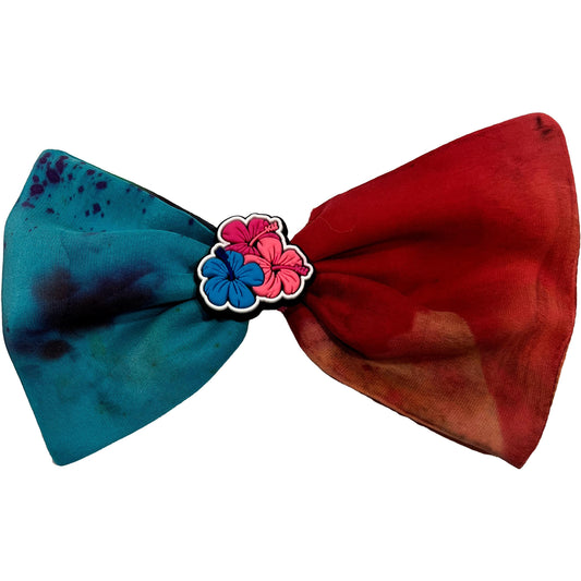 Tropical Tie-Dye Hair Bow - Red & Teal with Hibiscus Charm