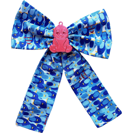 Handmade Penguin Hair Bow – Blue Fabric Hair Bow with 3D Printed Penguin Charm – Cute Animal Hair Clip for Girls and Women