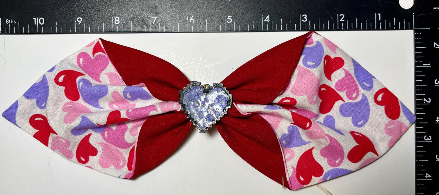 Handmade Fabric Hair Bow with 3D Glitter Heart Charm – Valentine’s Day Bow, Red and Pink Hair Accessory, Cute Aesthetic Bow for Girls