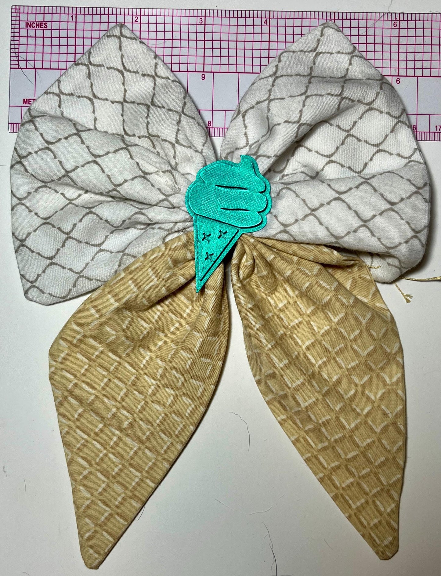 Handmade Ice Cream Hair Bow – Waffle Cone Fabric Bow with 3D Ice Cream Charm – Cute Kawaii Hair Clip, Summer Dessert-Themed Bow