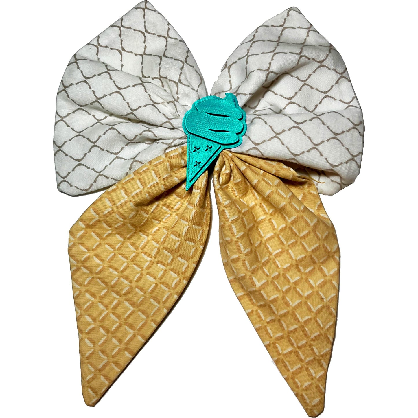 Handmade Ice Cream Hair Bow – Waffle Cone Fabric Bow with 3D Ice Cream Charm – Cute Kawaii Hair Clip, Summer Dessert-Themed Bow