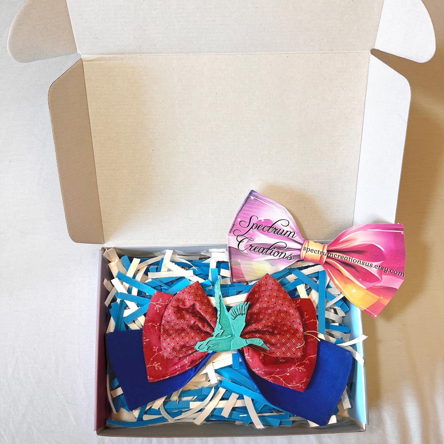 Handmade Fabric Hair Bow with 3D Printed Goose Charm – Red, Blue, and Teal Nature-Inspired Bow, Unique Gift for Animal & Bird Lovers