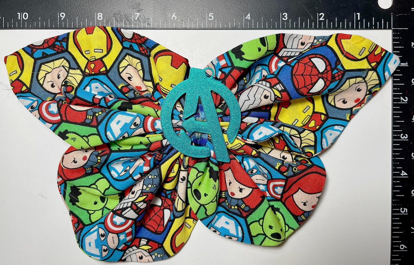 Handmade Avengers Fabric Hair Bow with 3D Printed Charm – Superhero Gift, Marvel-Inspired Hair Accessory, Comic Book Cosplay Bow