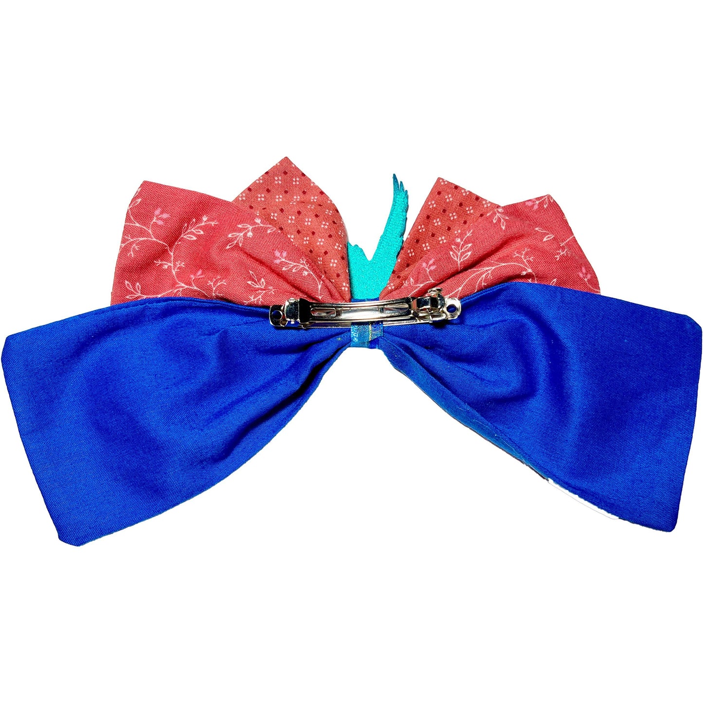 Handmade Fabric Hair Bow with 3D Printed Goose Charm – Red, Blue, and Teal Nature-Inspired Bow, Unique Gift for Animal & Bird Lovers