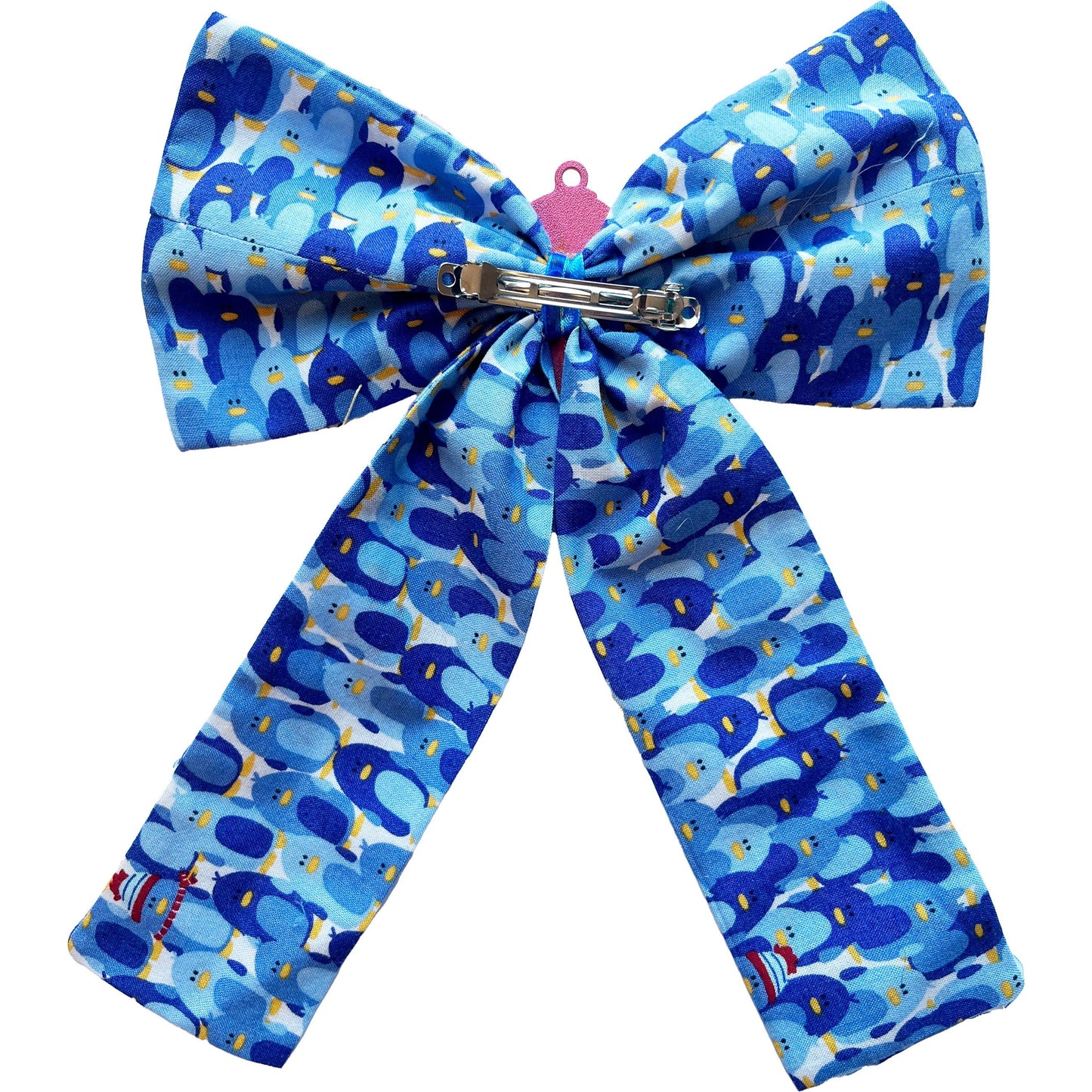 Handmade Penguin Hair Bow – Blue Fabric Hair Bow with 3D Printed Penguin Charm – Cute Animal Hair Clip for Girls and Women