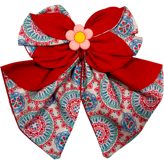 Red & Floral Daisy Bow – Handmade Spring Clip for Girls