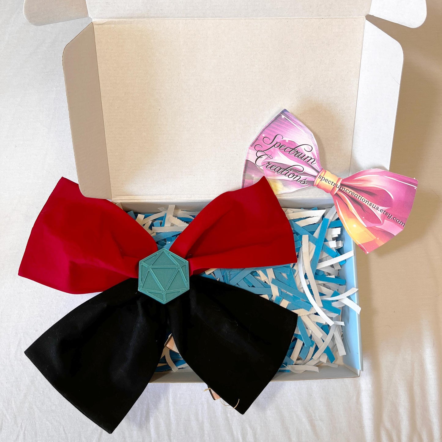 Handmade DnD Fabric Hair Bow with 3D D20 Dice Charm – Tabletop RPG Gift, Gamer Hair Accessory