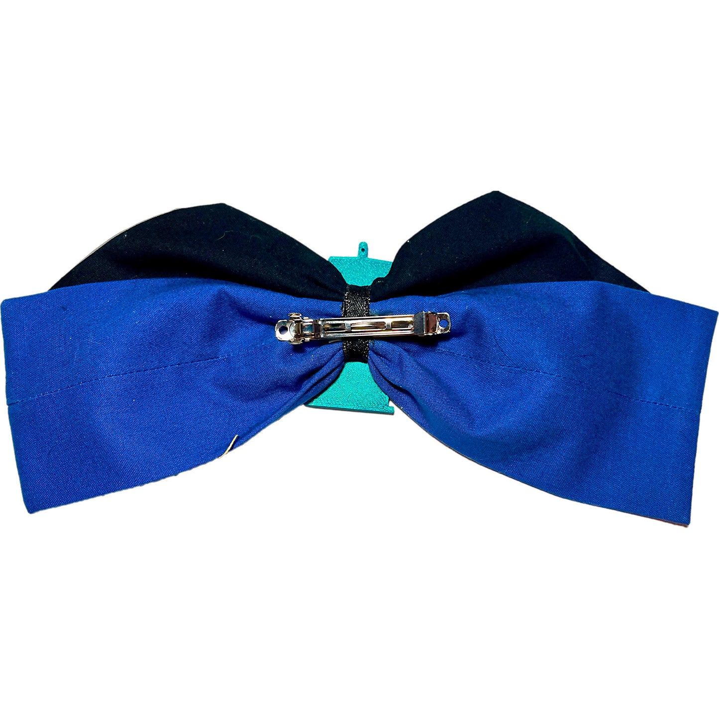 Doctor Who Inspired Hair Bow – Handmade Blue, Black & Silver Fabric Bow with TARDIS Charm – Geeky Cosplay Hair Accessory