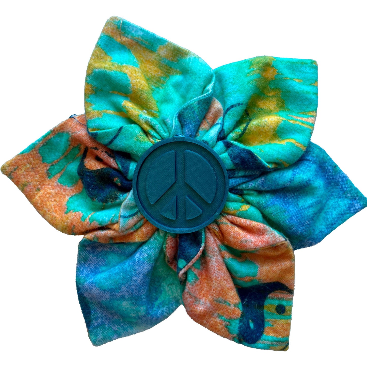 Handmade Fabric Flower Hair Clip – Tie-Dye Peace Sign Bow, Boho Hippie Hair Accessory, Festival Style, Retro 90s Aesthetic, Gift for Her