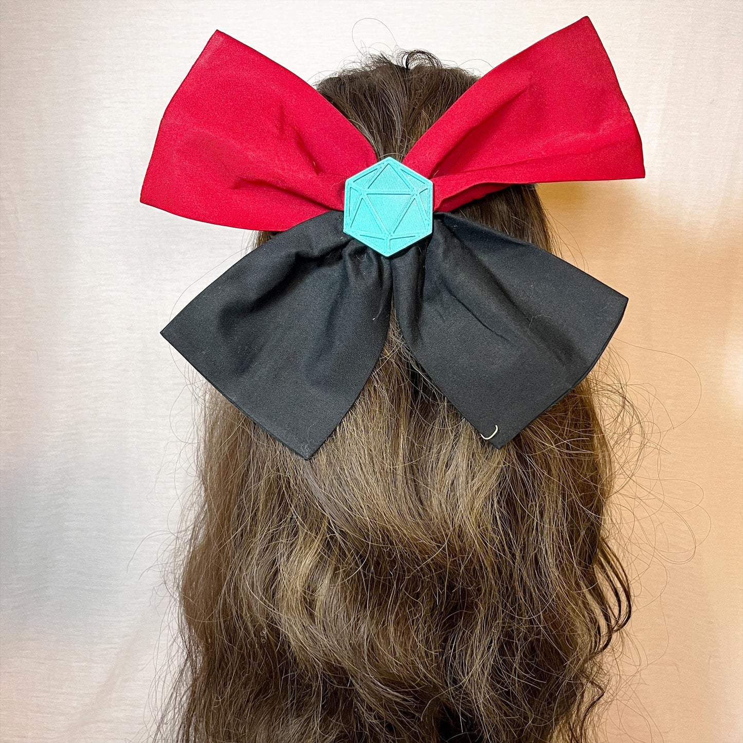 Handmade DnD Fabric Hair Bow with 3D D20 Dice Charm – Tabletop RPG Gift, Gamer Hair Accessory