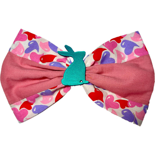 Valentine’s Day Bunny Hair Bow – Handmade Fabric Bow with Heart Print and 3D Bunny Charm – Cute Holiday Gift for Girls and Women