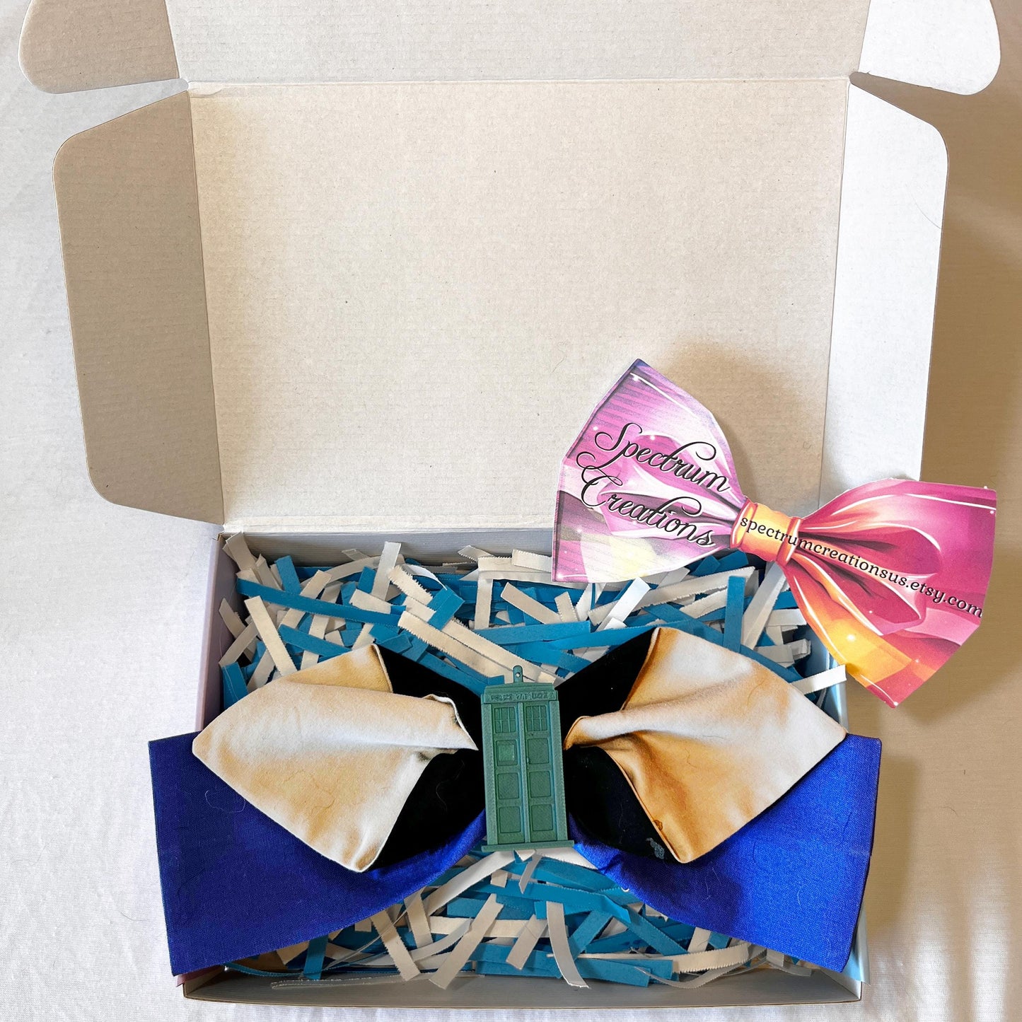 Doctor Who Inspired Hair Bow – Handmade Blue, Black & Silver Fabric Bow with TARDIS Charm – Geeky Cosplay Hair Accessory