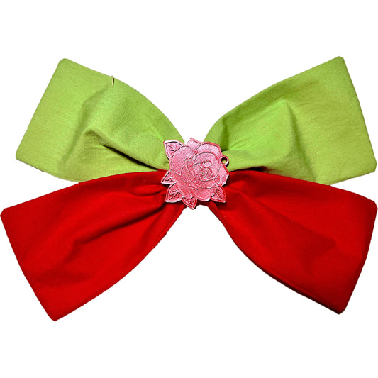 Handmade Red and Green Fabric Hair Bow with 3D Rose Charm – Cottagecore, Vintage-Inspired Hair Clip