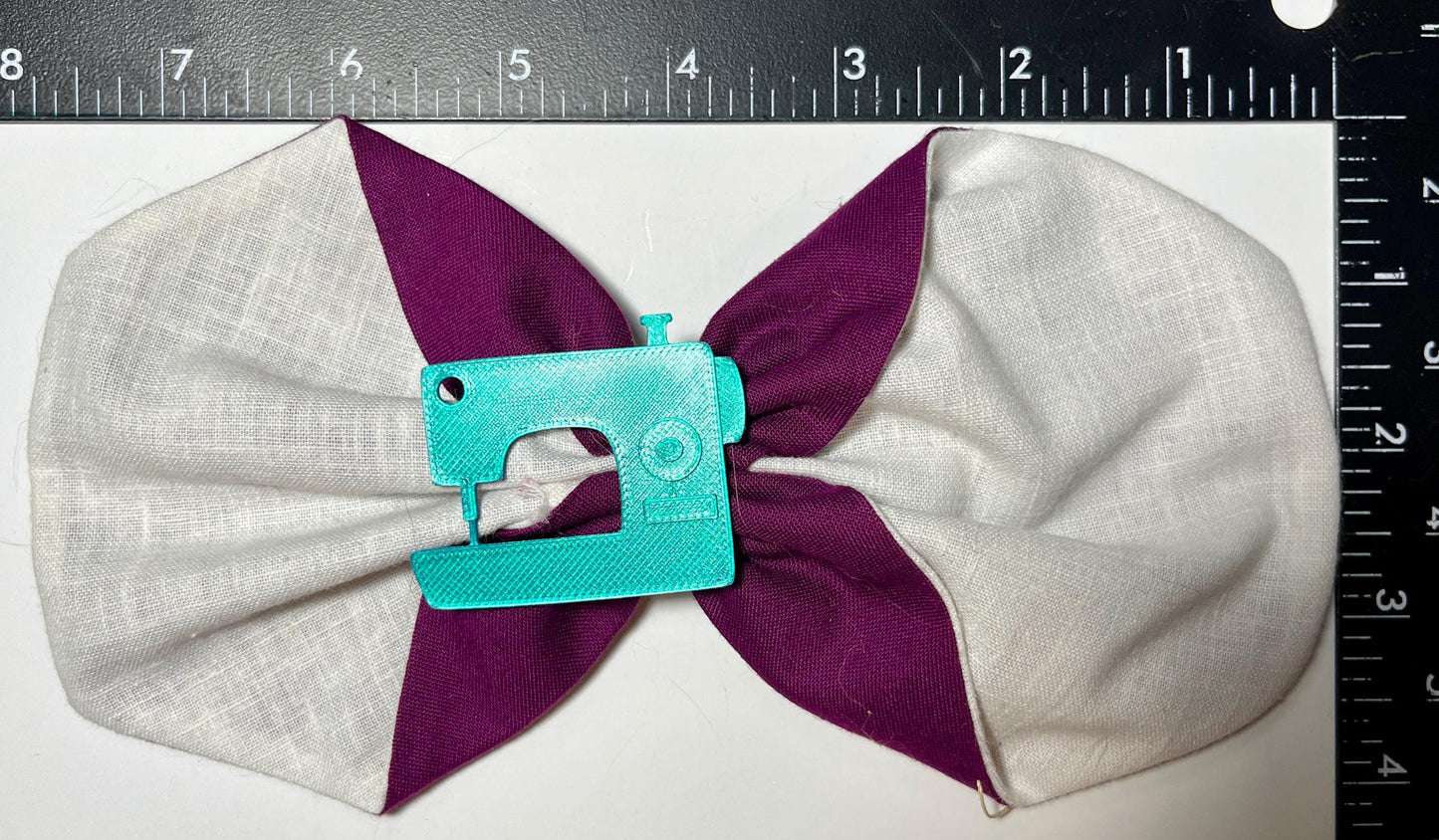 Handmade Fabric Hair Bow with 3D-Printed Sewing Machine Charm – Purple & White Clip for Crafters, Sewists, and Hair Accessory Lovers