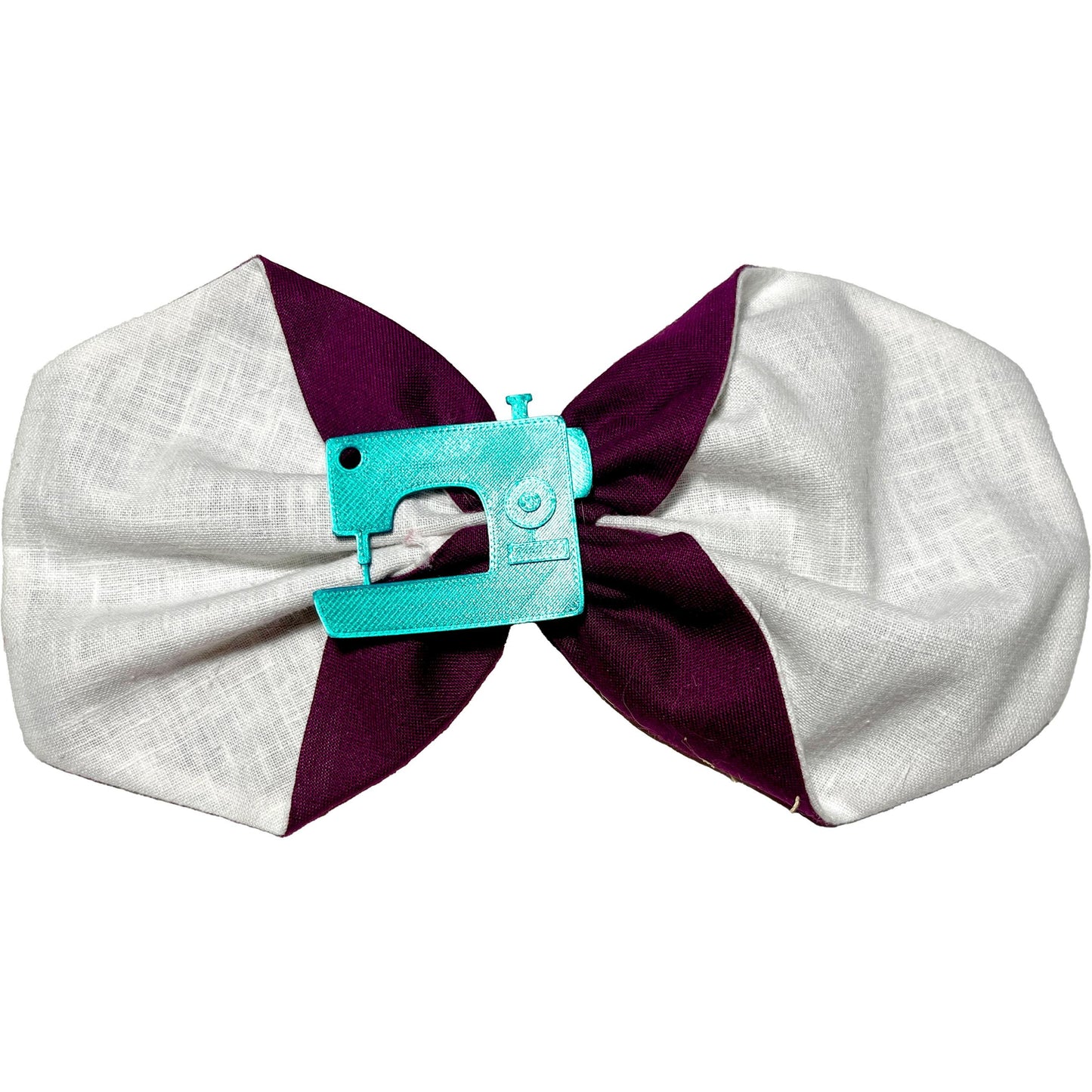 Handmade Fabric Hair Bow with 3D-Printed Sewing Machine Charm – Purple & White Clip for Crafters, Sewists, and Hair Accessory Lovers